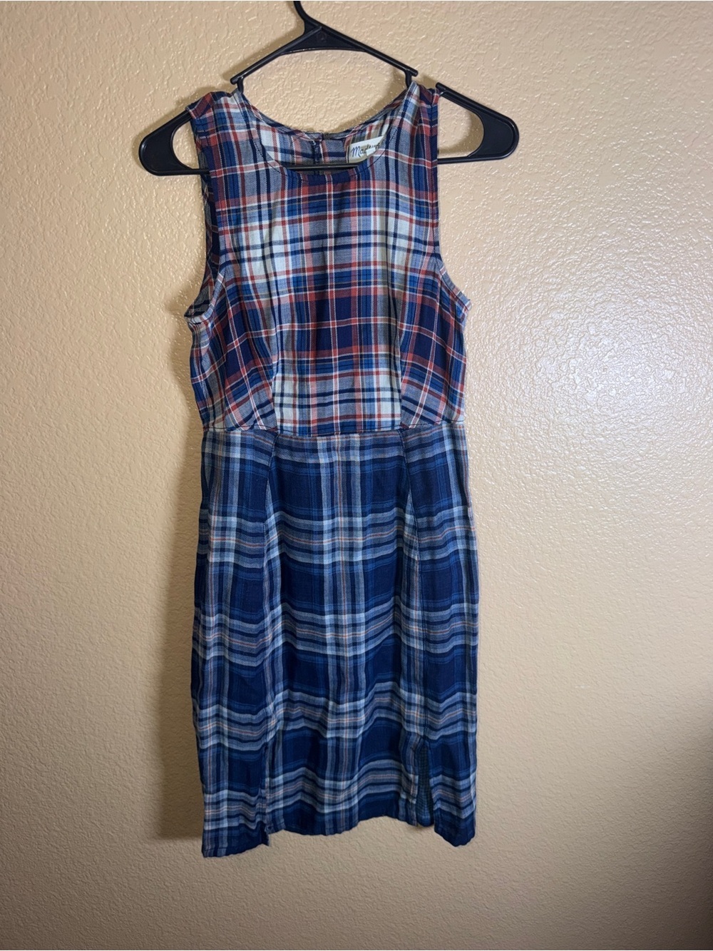 Madewell Plaid Sleeveless Midi Dress in Red, Blue, and White